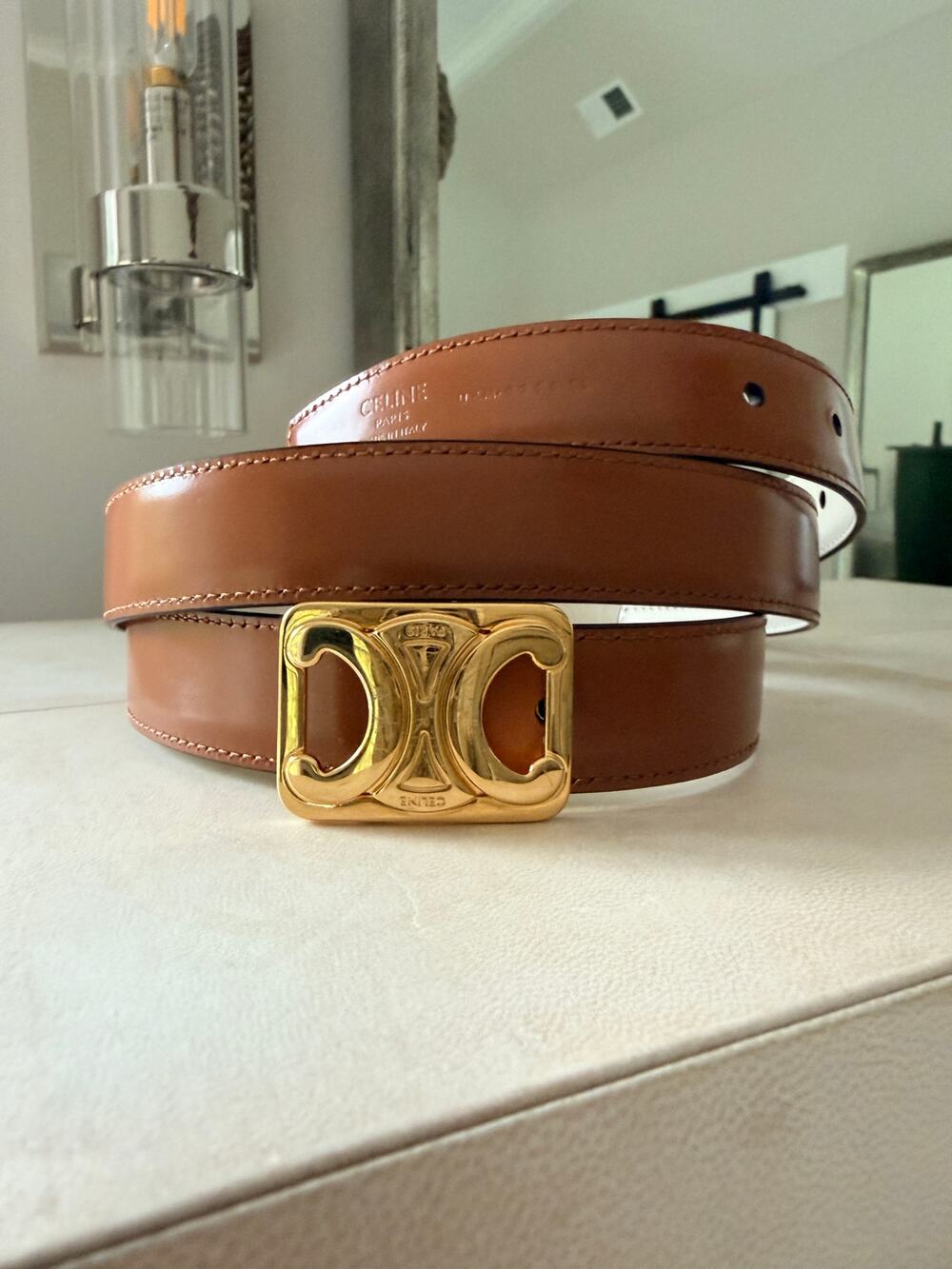 CELINE Celine Triomphe Reversible Leather Belt 25 MM TAN/RICE